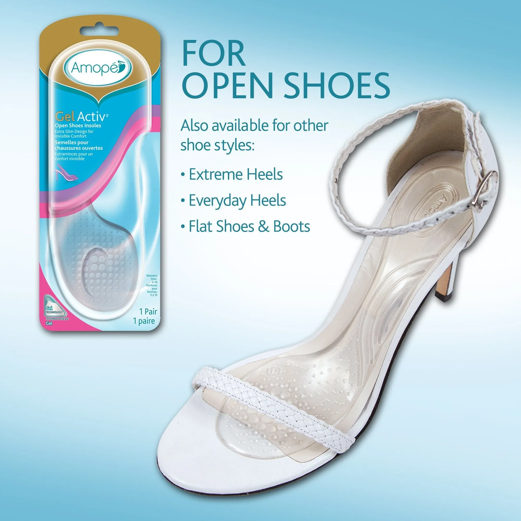 Amope GelActiv Open Shoes Insoles for Women, 1 pair, Size 5-10