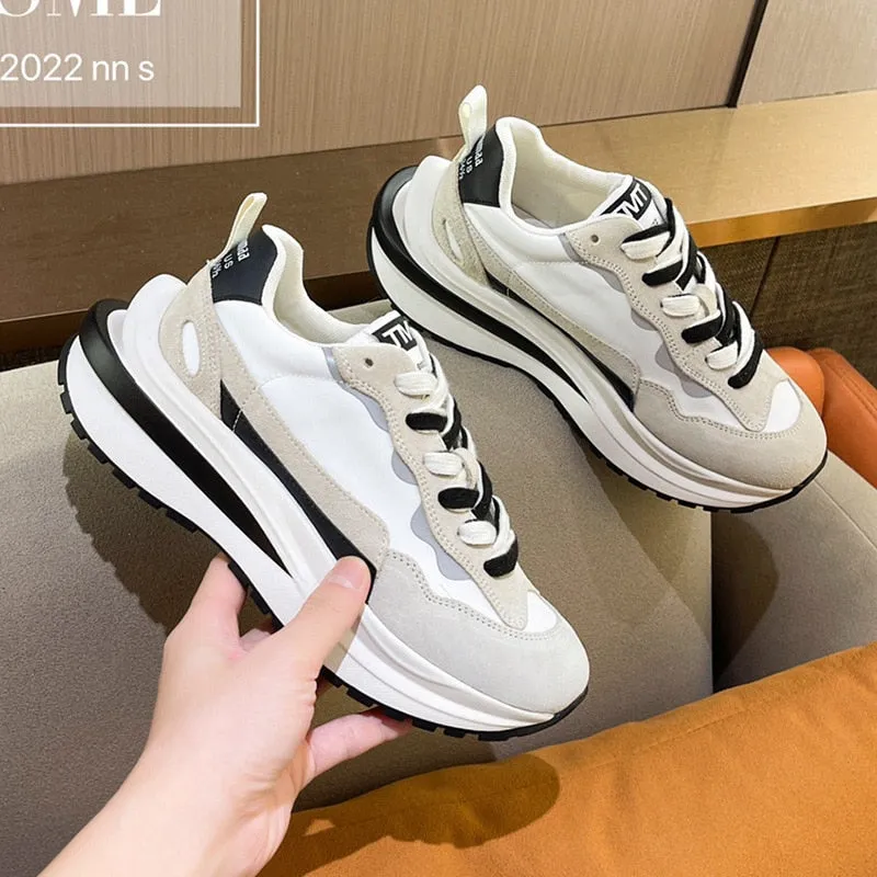 Amozae  2024 Genuine Leather Cross Tied Sport Shoes Woman Ins Luminous Chunky Women Sneakers Mixed Colors Platform Casual Shoes