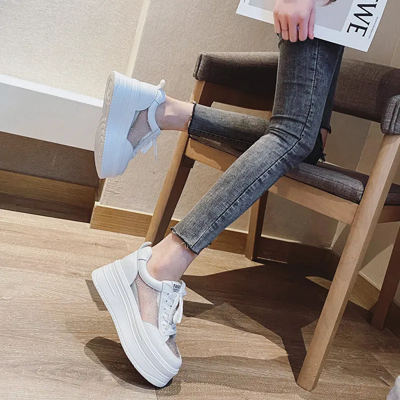 Amozae  8Cm Genuine Leather Women Casual Shoes Chunky Sneakers Platform Wedge Hidden Heel Women Leisure Shoes Spring Autumn White