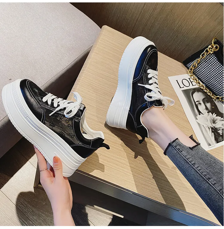 Amozae  8Cm Genuine Leather Women Casual Shoes Chunky Sneakers Platform Wedge Hidden Heel Women Leisure Shoes Spring Autumn White