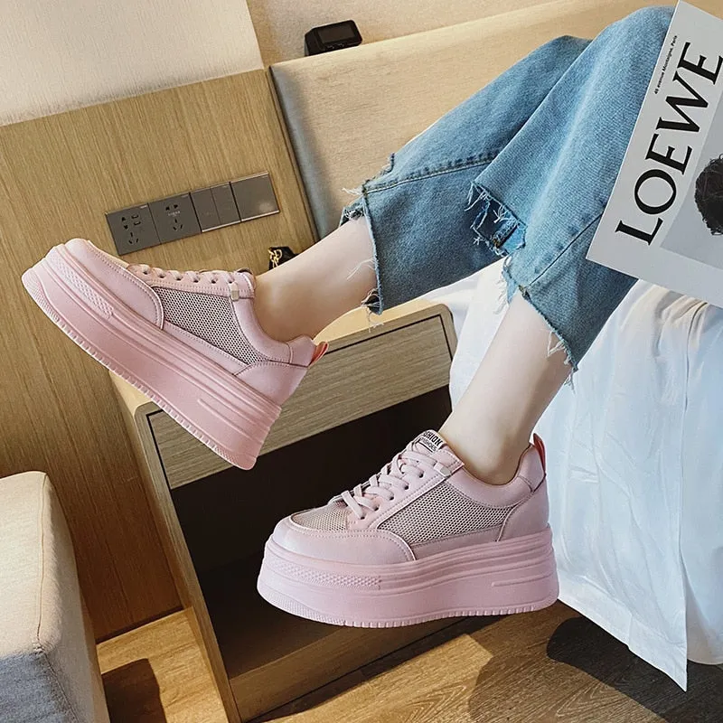 Amozae  8Cm Genuine Leather Women Casual Shoes Chunky Sneakers Platform Wedge Hidden Heel Women Leisure Shoes Spring Autumn White