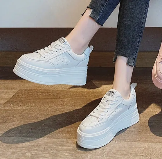 Amozae  8Cm Genuine Leather Women Casual Shoes Chunky Sneakers Platform Wedge Hidden Heel Women Leisure Shoes Spring Autumn White