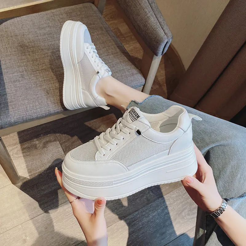 Amozae  8Cm Genuine Leather Women Casual Shoes Chunky Sneakers Platform Wedge Hidden Heel Women Leisure Shoes Spring Autumn White