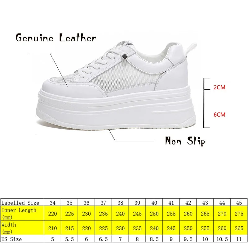 Amozae  8Cm Genuine Leather Women Casual Shoes Chunky Sneakers Platform Wedge Hidden Heel Women Leisure Shoes Spring Autumn White