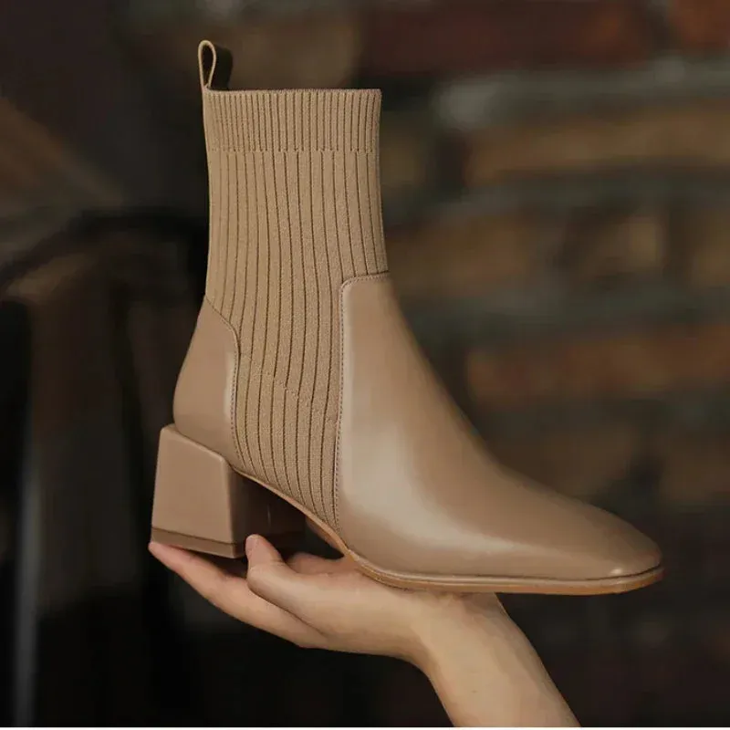 Amozae-Ankle Socks Shoes Women Autumn Winter Chelsea Boots Female Plus Size 43 Casual Chunky Square-toed Comfy Low Heel Botas De Mujer