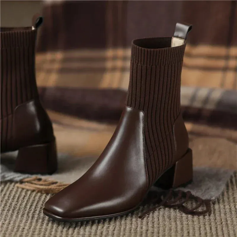 Amozae-Ankle Socks Shoes Women Autumn Winter Chelsea Boots Female Plus Size 43 Casual Chunky Square-toed Comfy Low Heel Botas De Mujer