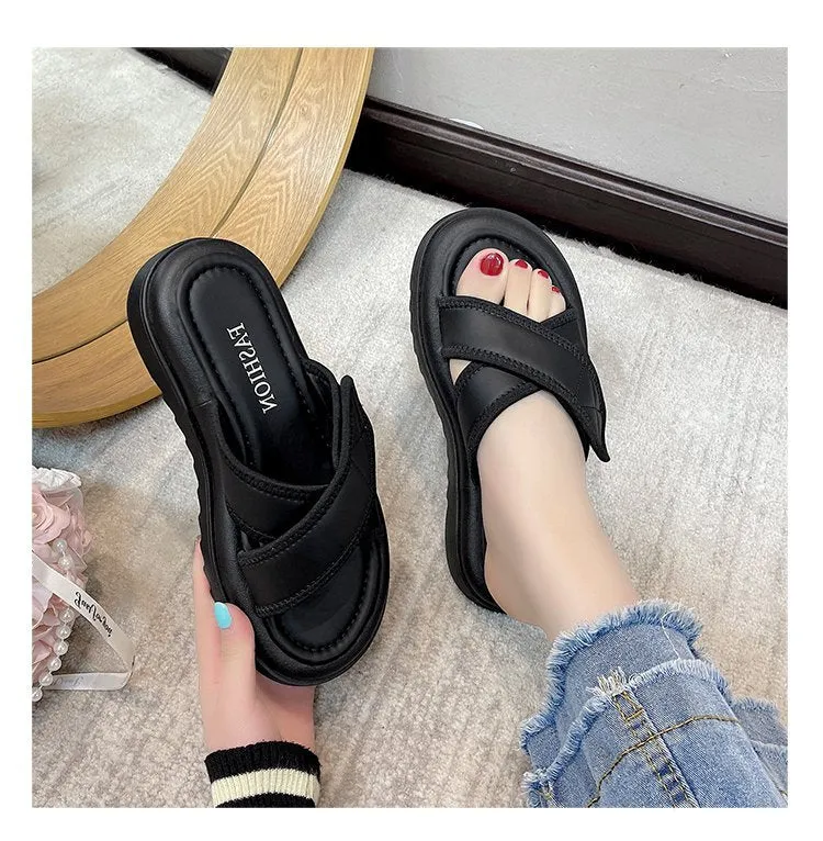 Amozae Flat Shoes Female Med Lady House Slippers Platform Luxury Slides Slipers Women Girl Designer Summer 2024 Soft Fashion PU Concise