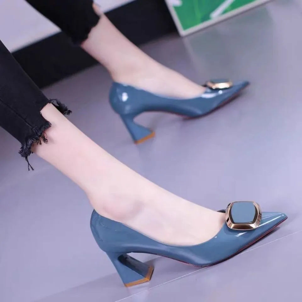 Amozae--Graduation Gift Big Sale Square Buckle Fashion OL Office Shoes 2024 Women's Concise Patent Leather Shallow High Heels Shoes Pointed Toe Women Pumps