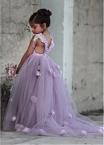 Attractive Tulle Square Neckline Ball Gown Flower Girl Dresses With Handmade Flowers, FW03