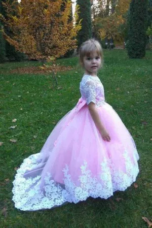 Ball Gown Cute Short Sleeves Long Flower Girl Dress, Lace Appliques Bow Flower Girl Dresses UF079