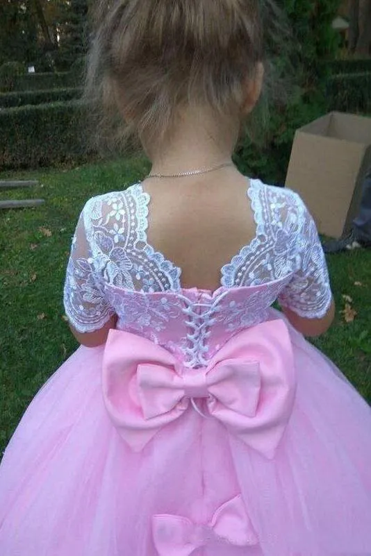 Ball Gown Cute Short Sleeves Long Flower Girl Dress, Lace Appliques Bow Flower Girl Dresses UF079