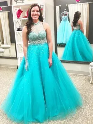 Ball Gown High Neck Sleeveless Beading Floor-Length Tulle Plus Size Dresses - Plus Size Prom Dresses   cg15338