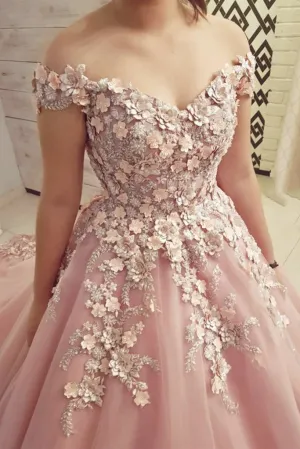 Ball Gown Off Shoulder Pink Lace Long Prom Dresses, Evening Dress SJ211170