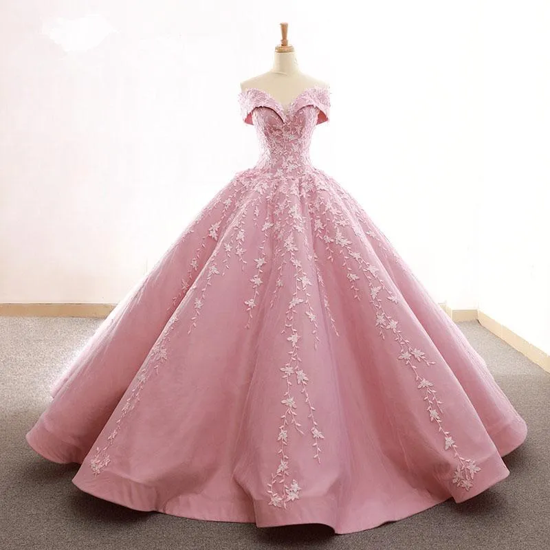 Ball Gown Off the Shoulder Satin Prom Dress with Lace Appliques, Long Quinceanera Dress UQ2530