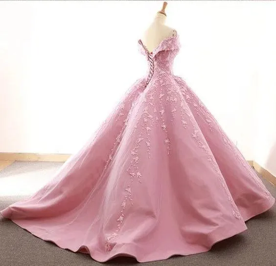 Ball Gown Off the Shoulder Satin Prom Dress with Lace Appliques, Long Quinceanera Dress UQ2530