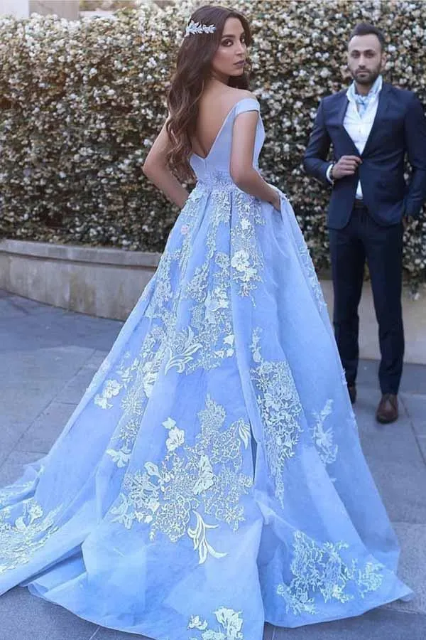 Ball Gown Off-the-Shoulder Sweep Train Blue Tulle Prom Dress PG464