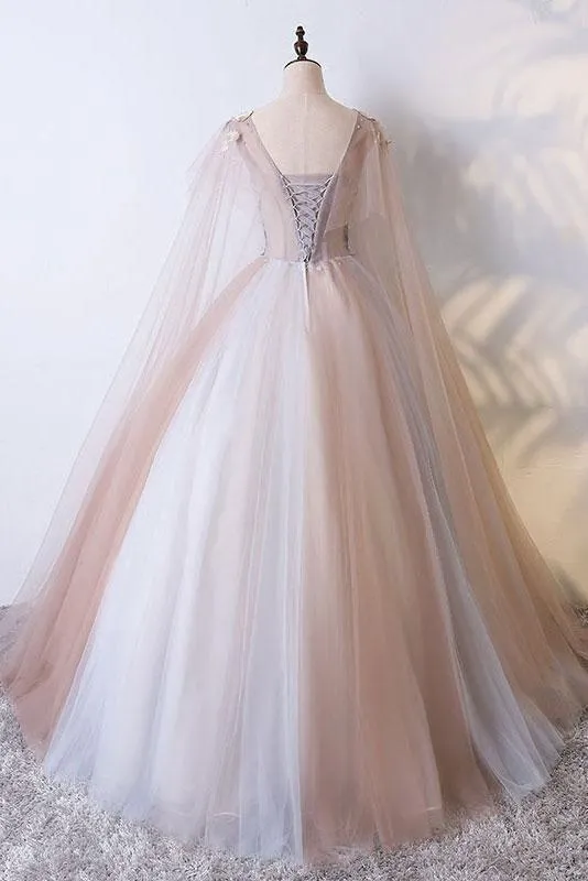 Ball Gown V Neck Tulle Prom Dress with Appliques, Unique Floor Length Quinceanera Dresses UQ2392