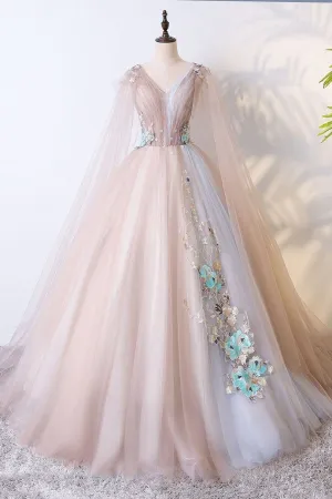 Ball Gown V Neck Tulle Prom Dress with Appliques, Unique Floor Length Quinceanera Dresses UQ2392