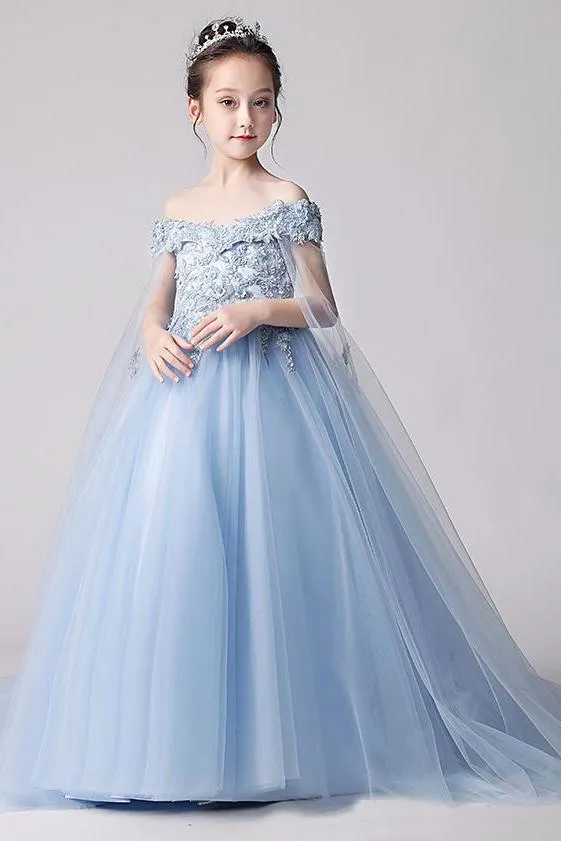 Beauty Blue Off the Shoulder Applique Flower Girl Dresses, Long Sweep Train Flower Girl Dress UF080