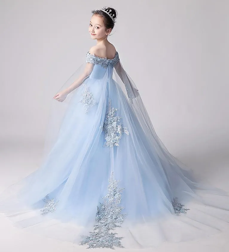 Beauty Blue Off the Shoulder Applique Flower Girl Dresses, Long Sweep Train Flower Girl Dress UF080