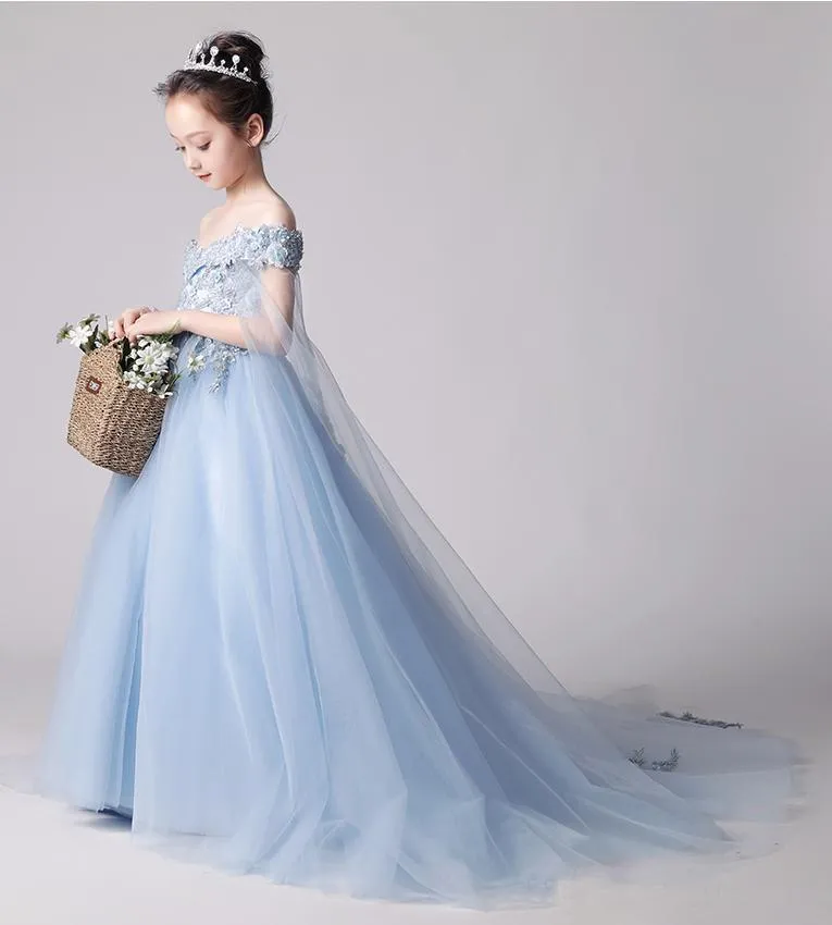 Beauty Blue Off the Shoulder Applique Flower Girl Dresses, Long Sweep Train Flower Girl Dress UF080