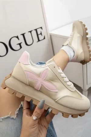 BEIGE LACE UP DESIGNER CHUNKY SNEAKERS TRAINERS