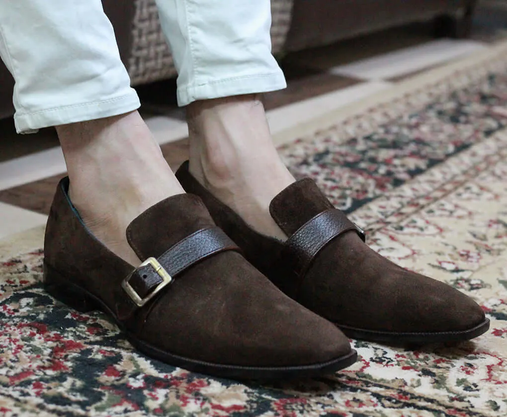 Bespoke Brown Loafer Suede Monk Strap Shoe for Men