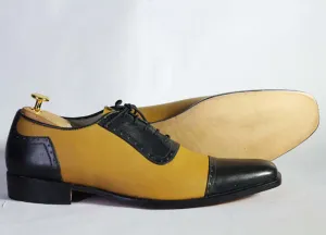 Bespoke Yellow & Black Leather Cap Toe Lace Up Shoe for Men's