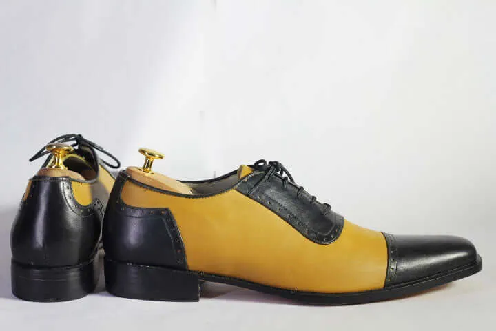 Bespoke Yellow & Black Leather Cap Toe Lace Up Shoe for Men's