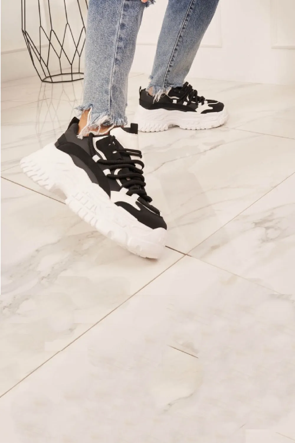 BLACK CHUNKY PLATFORM LACE UP SNEAKERS TRAINERS