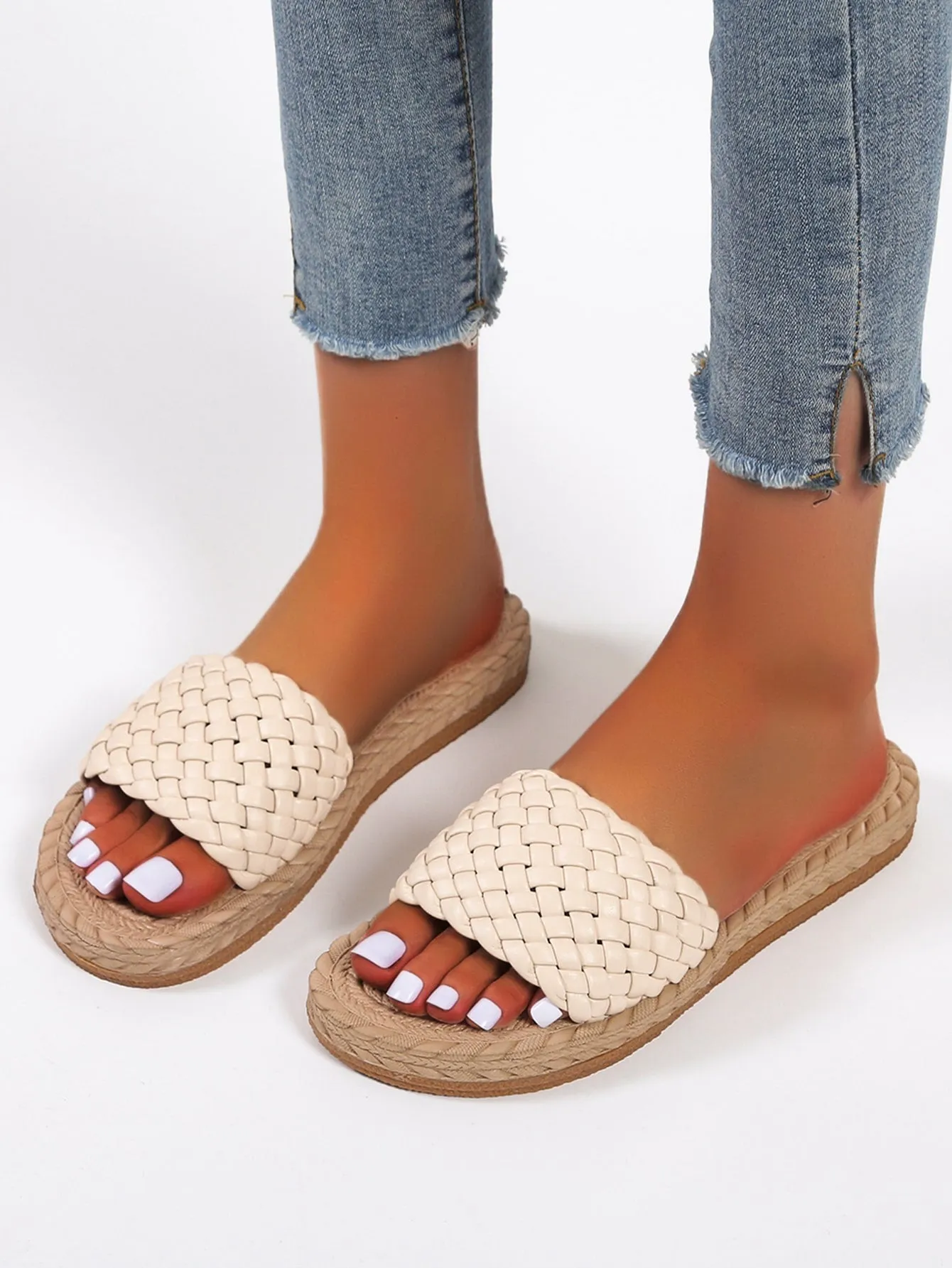 Braided Plain Artificial Leather Open Toe Slide Sandals