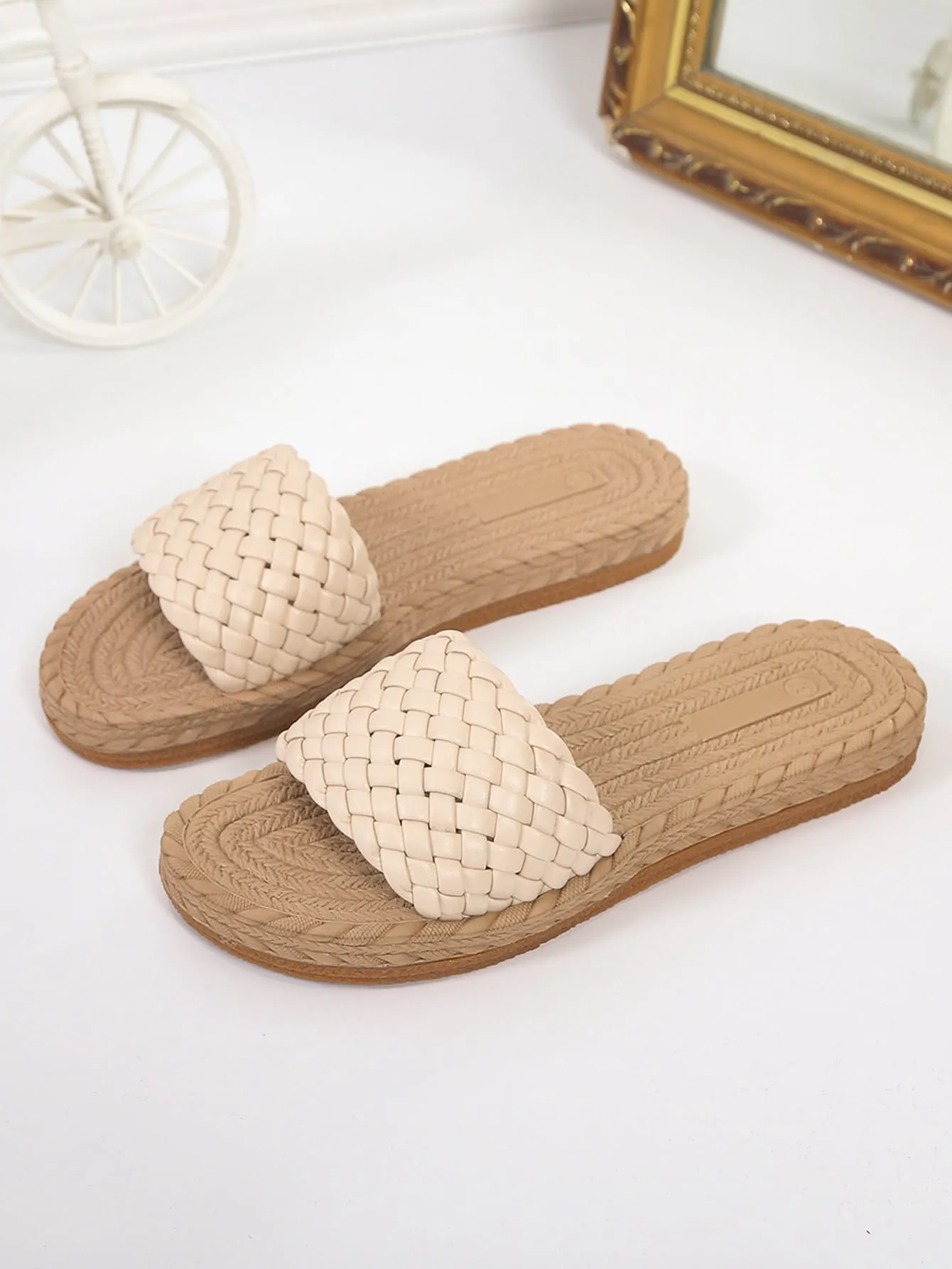 Braided Plain Artificial Leather Open Toe Slide Sandals