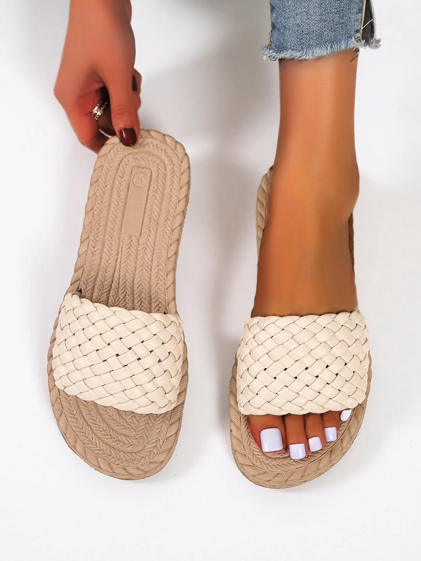 Braided Plain Artificial Leather Open Toe Slide Sandals