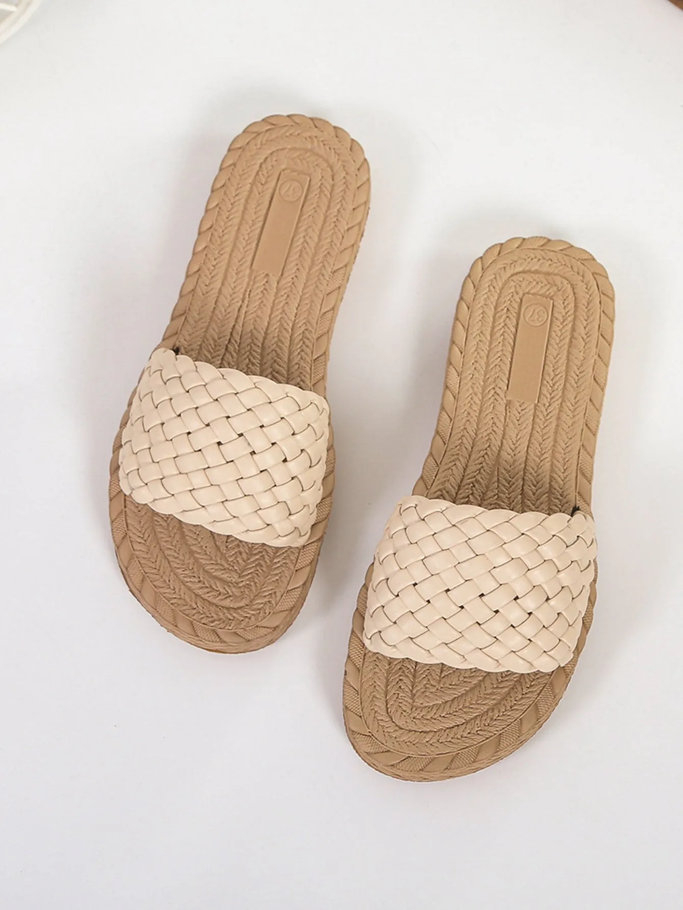 Braided Plain Artificial Leather Open Toe Slide Sandals