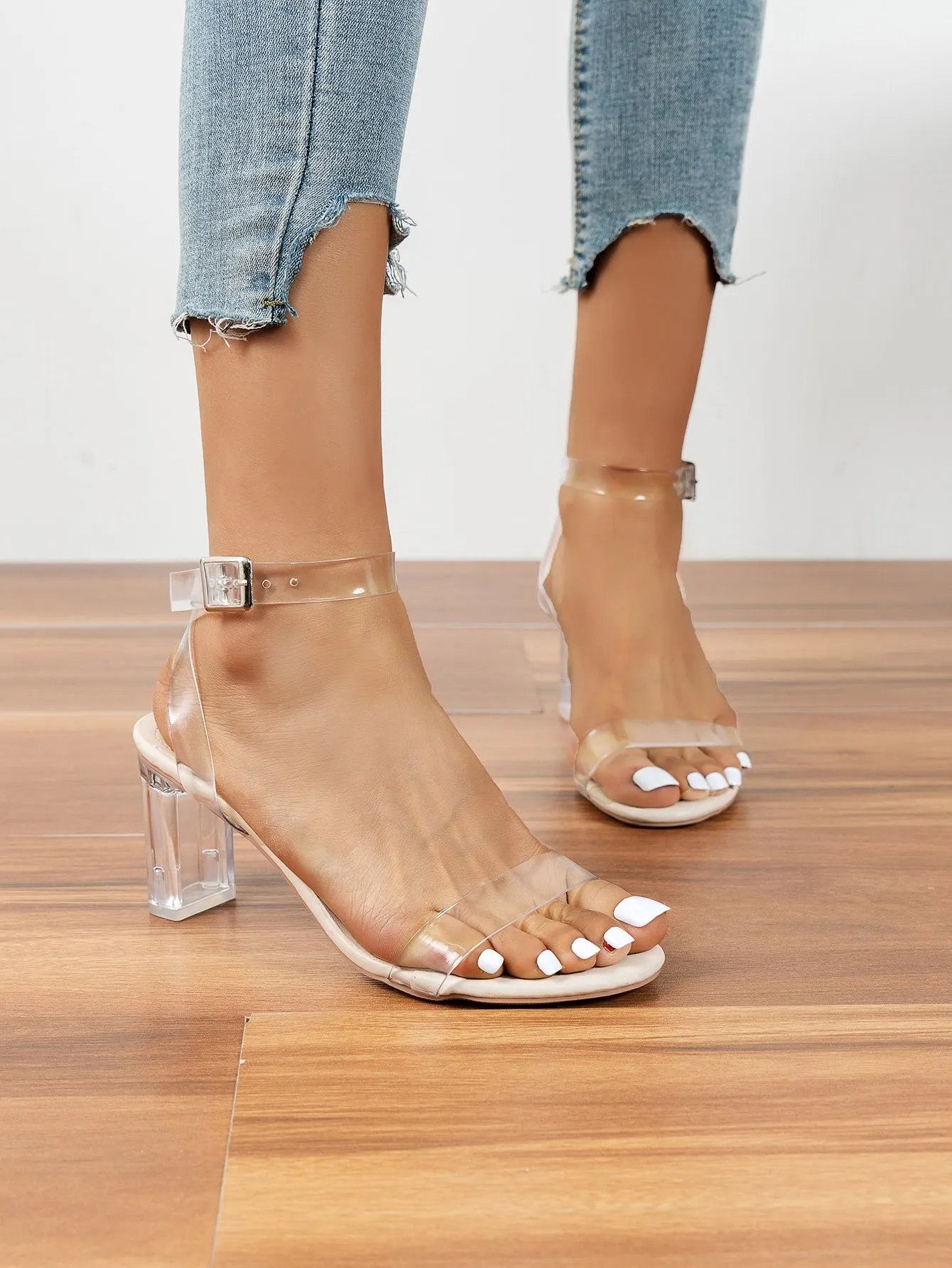 Clear Chunky Heeled Ankle Strap Sandals