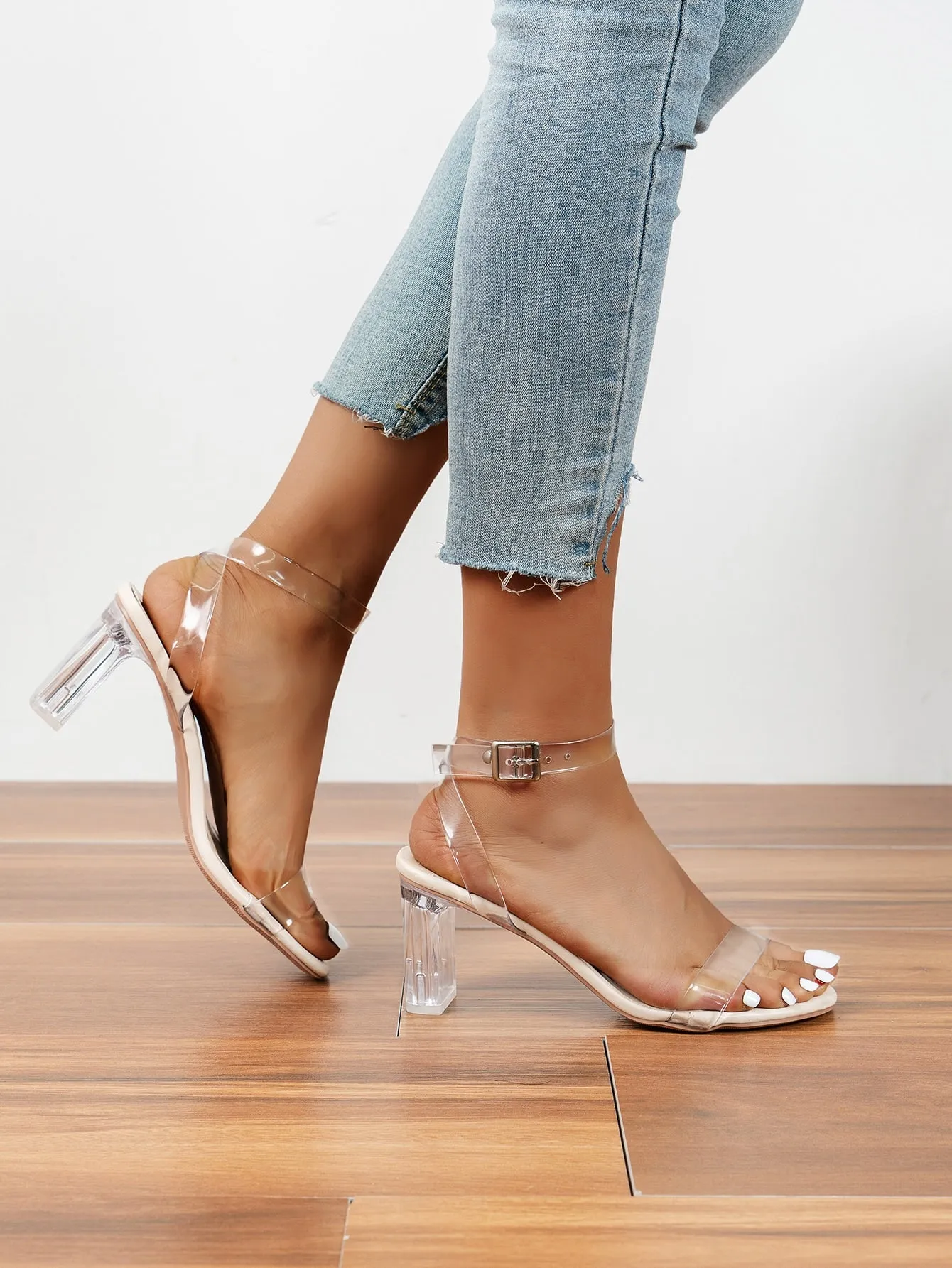 Clear Chunky Heeled Ankle Strap Sandals