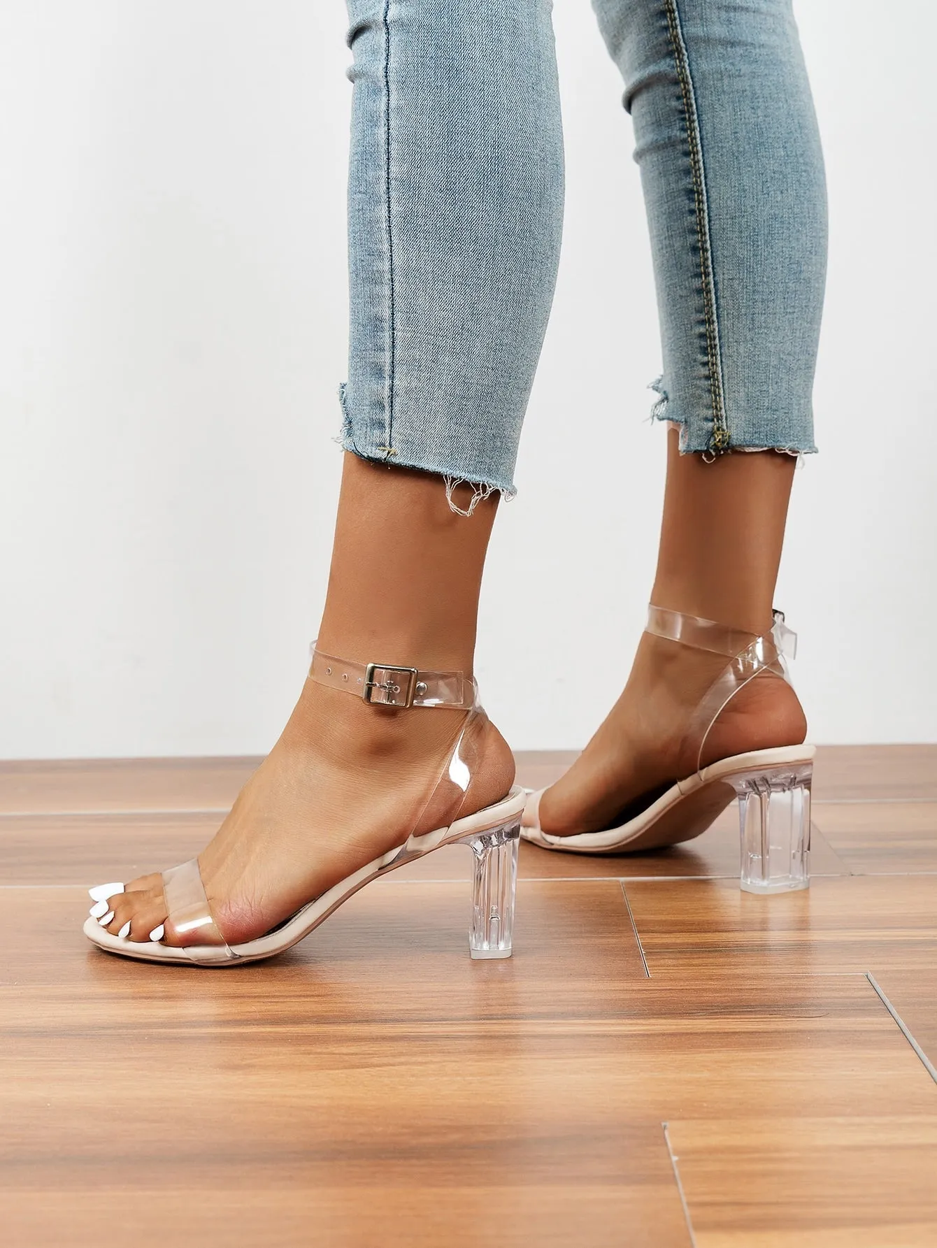 Clear Chunky Heeled Ankle Strap Sandals