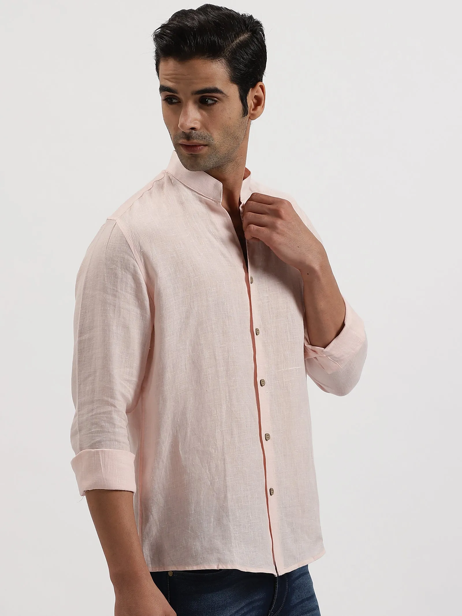 Craig - Pure Linen V Neck Full Sleeve Shirt - Light Pink (Factory Rescue)