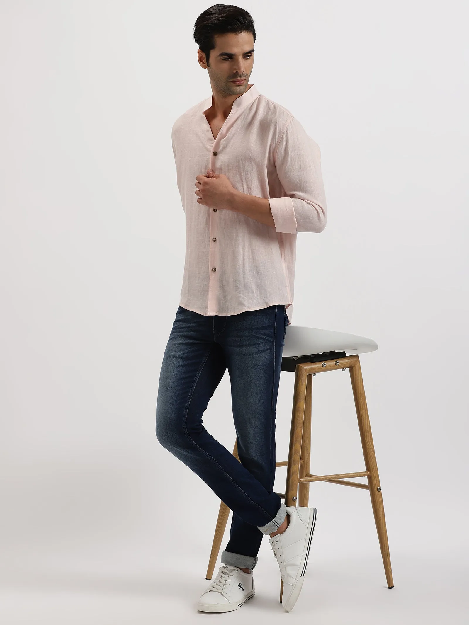 Craig - Pure Linen V Neck Full Sleeve Shirt - Light Pink (Factory Rescue)