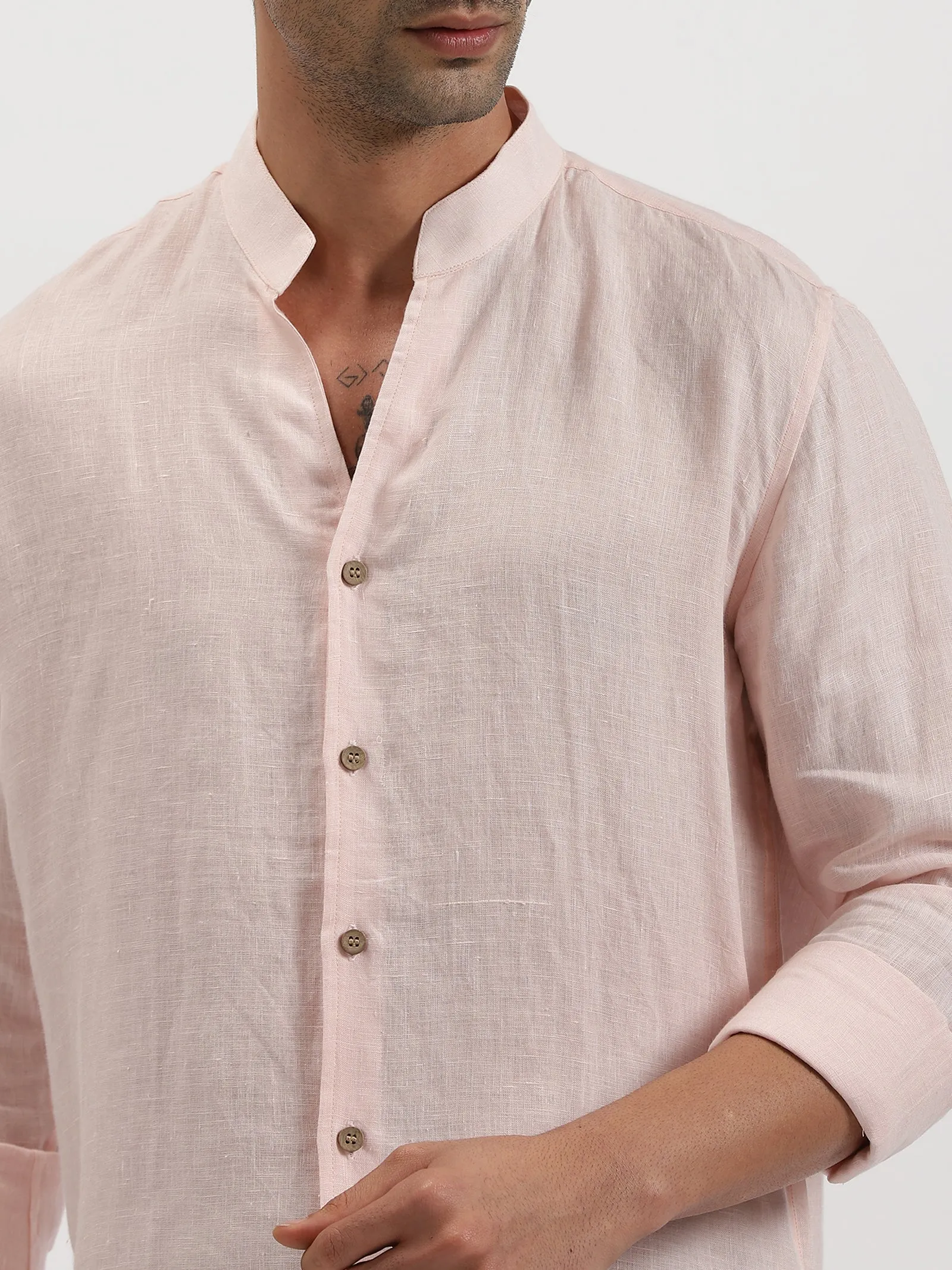 Craig - Pure Linen V Neck Full Sleeve Shirt - Light Pink (Factory Rescue)