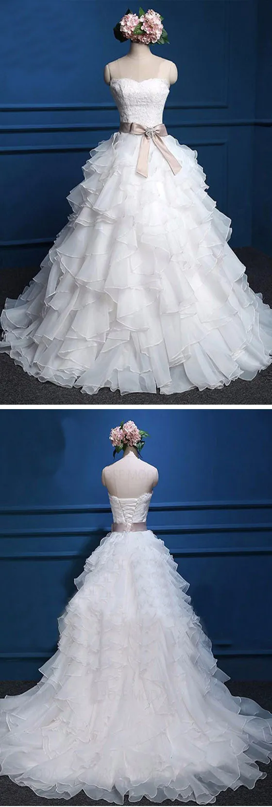 Cute Sweetheart Strapless Lace Up Back Chiffon Ruffles Satin Sash  Ball Gown Wedding Dress, WD0027