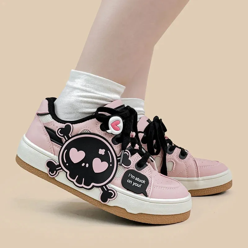 Deadly Black Skull Pink Chunky Sneakers - Women's