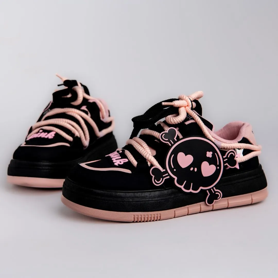 Deadly Pink Skull Black Chunky Sneakers - Women's