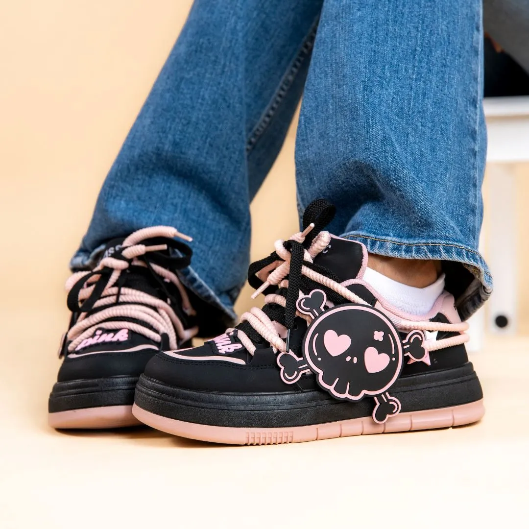 Deadly Pink Skull Black Chunky Sneakers - Women's