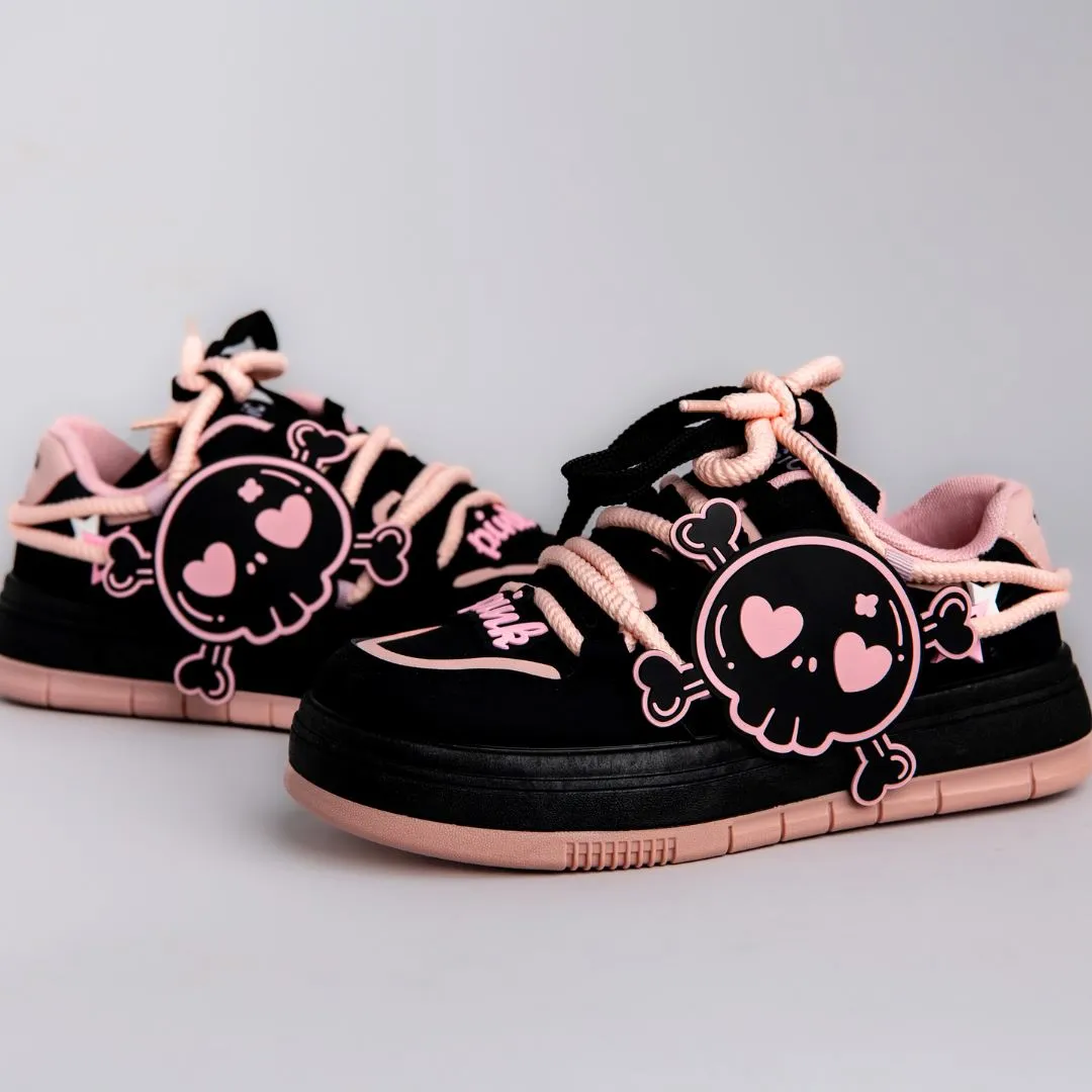 Deadly Pink Skull Black Chunky Sneakers - Women's