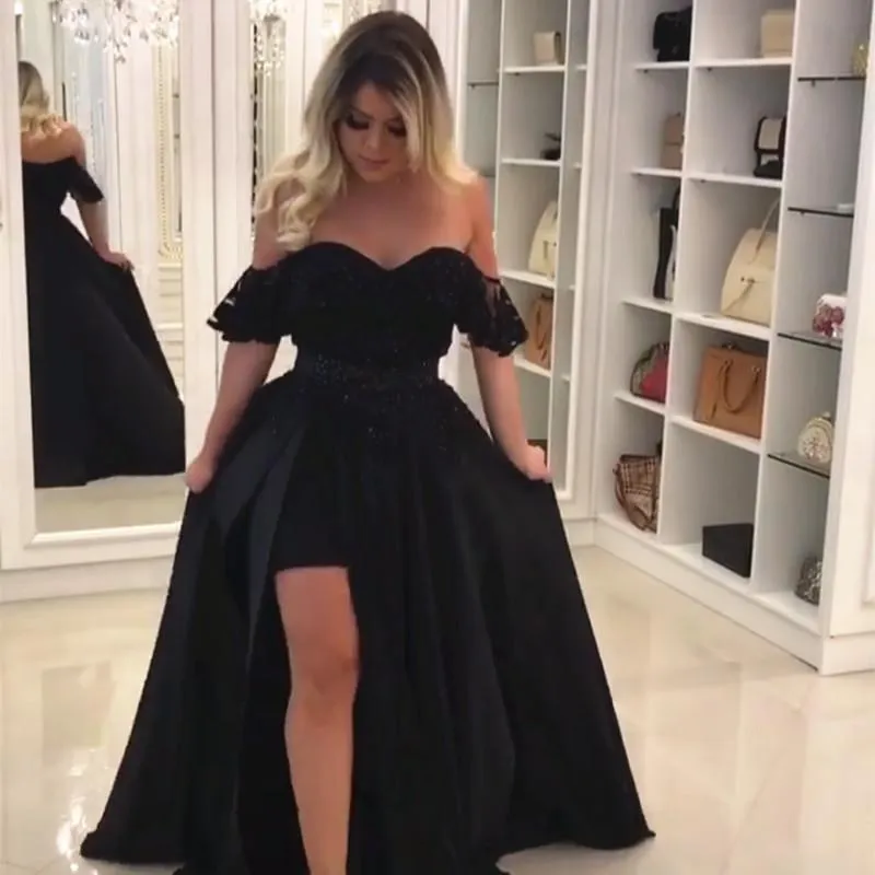 Elegant Black Lace Off The Shoulder Prom Dresses With Leg Slit