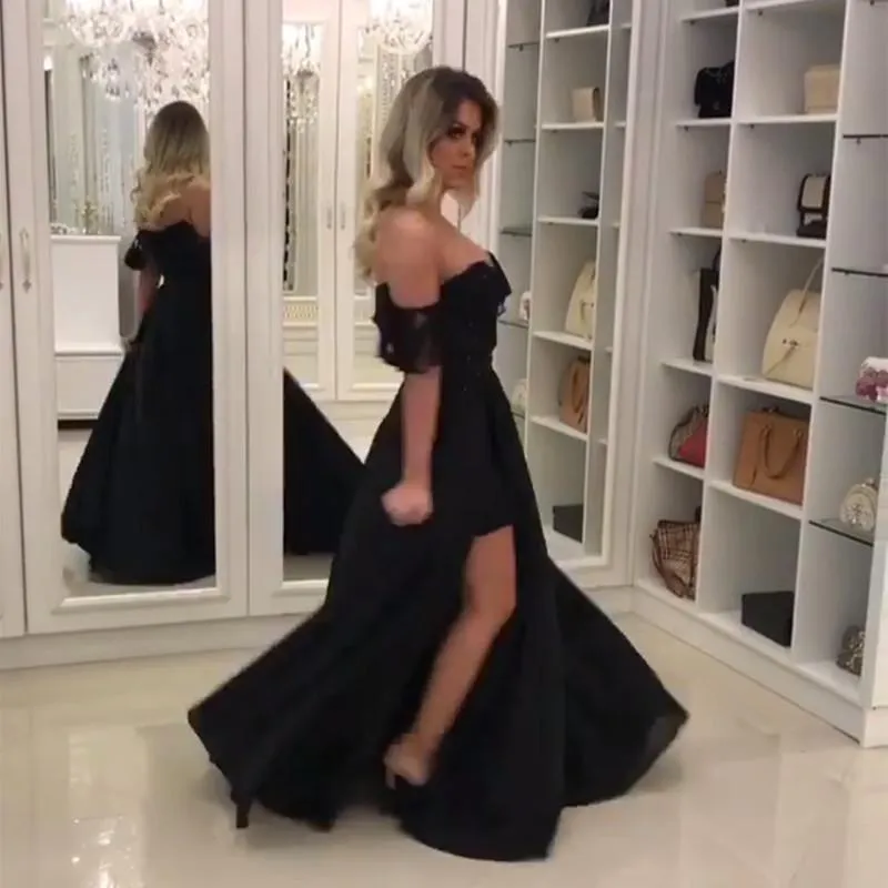 Elegant Black Lace Off The Shoulder Prom Dresses With Leg Slit