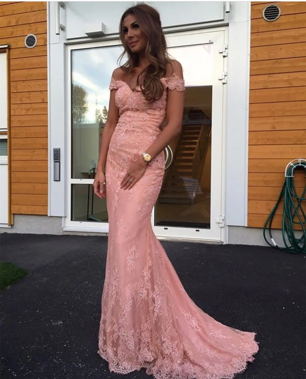 Elegant Pink Lace Mermaid Evening Dress Off Shoulder Prom Gowns,Holiday Dress