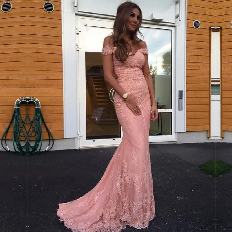 Elegant Pink Lace Mermaid Evening Dress Off Shoulder Prom Gowns,Holiday Dress