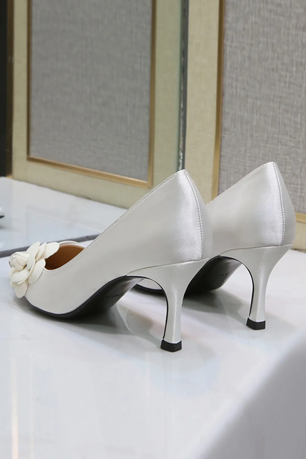 Elegant White Camellia Wedding Shoes